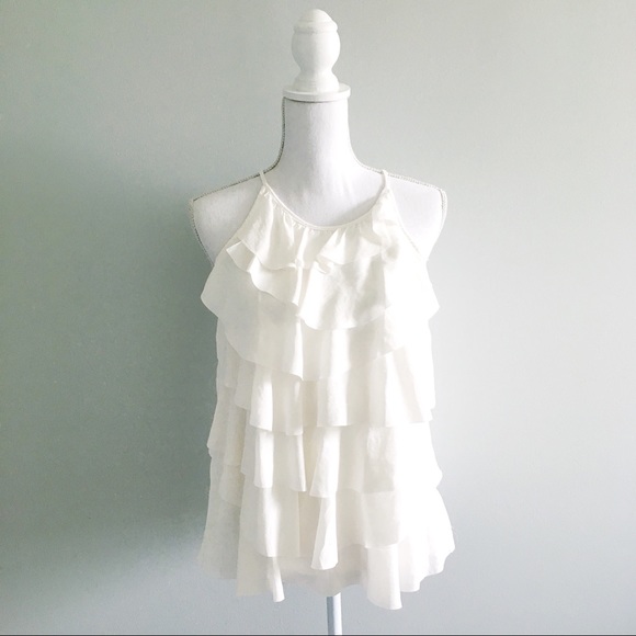 LOFT Tops - LOFT White Ruffle Mixed Media Halter Top